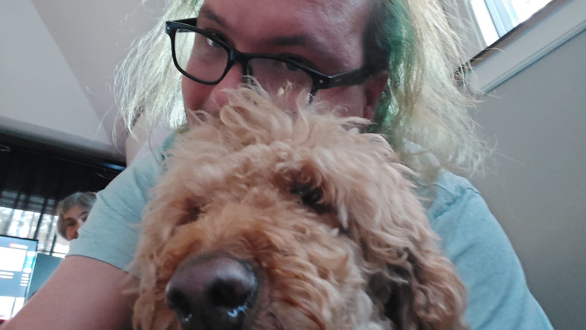 A man with long green hair is hugging a golden labradoodle, her whole face is visible